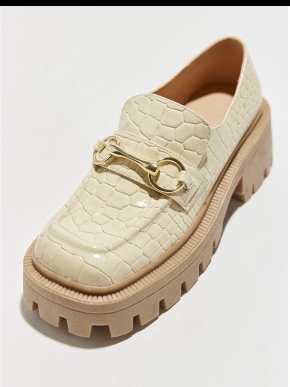 Urban Outfitters Cream Croc-Embossed Lug Loafer with Gold Bit